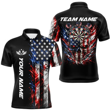 Maxcorners Personalized US Flag Skull Darts Polo 1/4-Zip Shirt For Men Patriotic Darts Team Uniform Jersey LM1910
