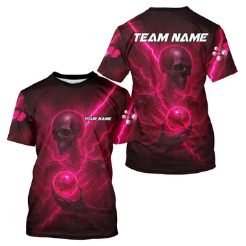 Maxcorners Custom Lightning Skeleton Pink Pickleball Ball T-Shirt For Men Pickleball Team Outfits MT1309