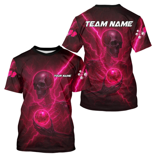 Maxcorners Custom Lightning Skeleton Pink Pickleball Ball T-Shirt For Men Pickleball Team Outfits MT1309