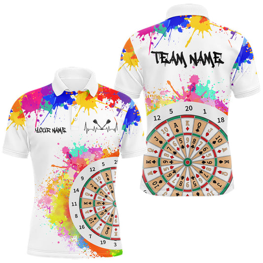 Maxcorners Custom Colorful Splatter Card Dartboard Funny Men Darts Polo Team Shirts Dart Jerseys | White