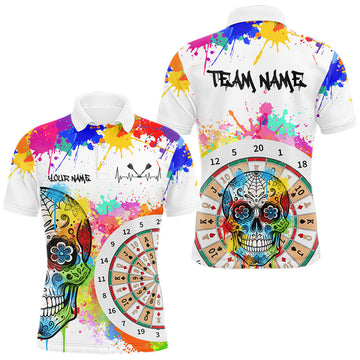 Maxcorners Custom Colorful Splatter Skull Dartboard Men Darts Polo Team Shirts Dart Jerseys | White LM0208