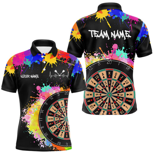 Maxcorners Custom Colorful Splatter Card Dartboard Funny Men Darts Polo Team Shirts Dart Jerseys | Black