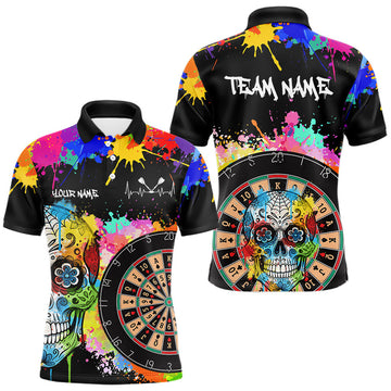 Maxcorners Custom Colorful Splatter Skull Dartboard Men Darts Polo Team Shirts Dart Jerseys | Black LM0208