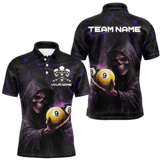 Maxcorners Purple Grunge Grim Reaper Hold 8 Ball & 9 Ball Pool Men Billiard Shirt Custom Billiard Team Attire LM2602