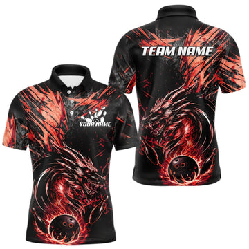 Maxcorners Black And Red Flames Dragon Bowling Polo 1/4 Zip Shirt For Men Custom Dragon Bowling Team Jersey LM1508