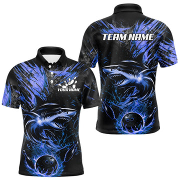 Maxcorners Black And Blue Flames Shark Bowling Polo 1/4 Zip Shirt For Men Custom Shark Bowling Team Jersey LM1508