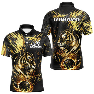 Maxcorners Black And Gold Flames Tiger Bowling Polo 1/4 Zip Shirt For Men Custom Tiger Bowling Team Jersey LM1508