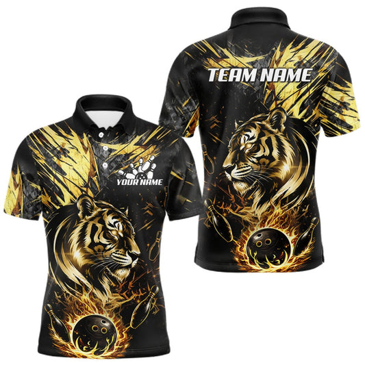Maxcorners Black And Gold Flames Tiger Bowling Polo 1/4 Zip Shirt For Men Custom Tiger Bowling Team Jersey LM1508