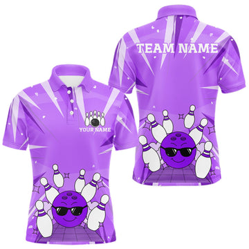Maxcorners Purple Strike Cool Bowling Ball Bowling Polo 1/4 Zip Shirt For Men Custom Bowling Team Jersey LM1508