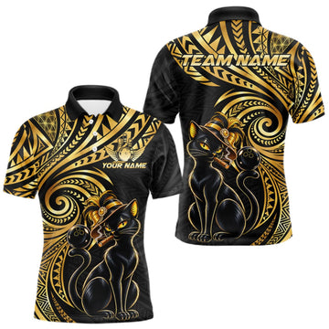 Maxcorners Slay Cat Bowling Polo Quarter-Zip Shirt For Men Custom Black And Gold Tribal Bowling Team Jersey LM1910