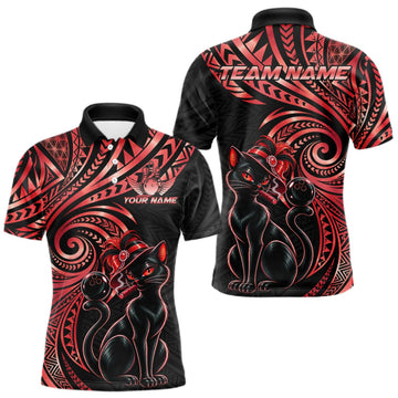 Maxcorners Slay Cat Bowling Polo Quarter-Zip Shirt For Men Custom Black And Red Tribal Bowling Team Jersey LM1910