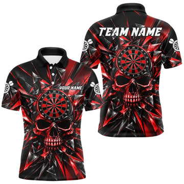 Maxcorners Broken Glass Skull Darts Polo 1/4-Zip Shirt For Men Custom Black & Red Darts Team Apparel Jersey LM1910