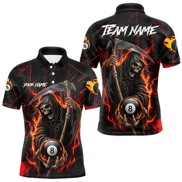 Maxcorners Fire Flame 8 Ball Pool Men Billiard Shirt Custom Red Grunge Grim Reaper Billiard Jersey For Pooler