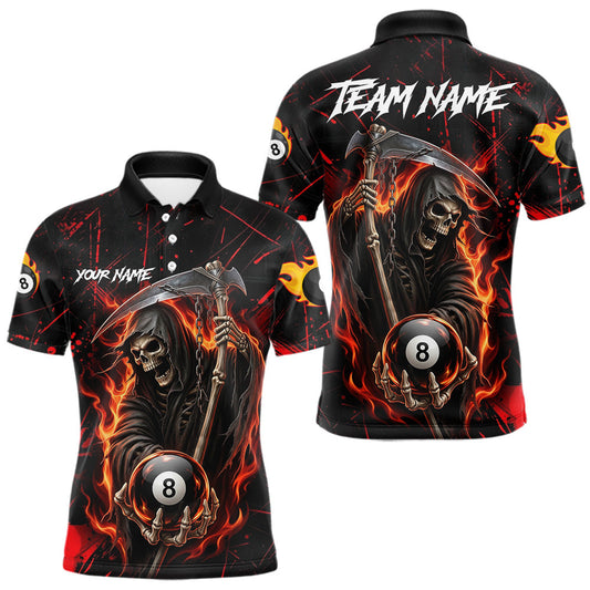 Maxcorners Fire Flame 8 Ball Pool Men Billiard Shirt Custom Red Grunge Grim Reaper Billiard Jersey For Pooler