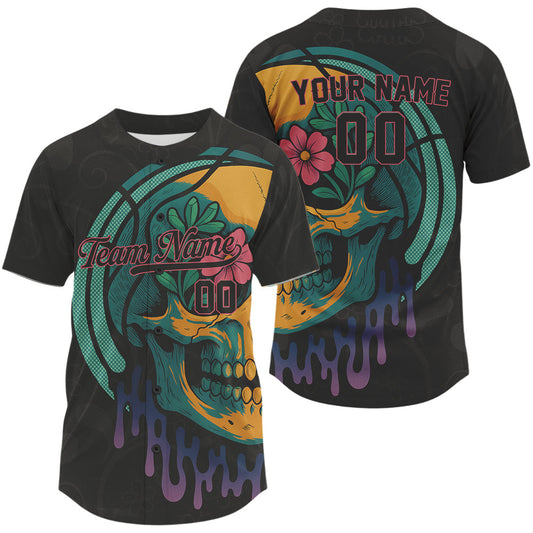 Maxcorners Custom Colorful Skull Flower Baseball Halloween T-Shirt For Men Outfits Baseball Shirts  LM1809