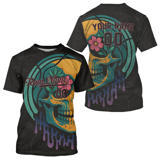Maxcorners Custom Colorful Skull Flower Baseball Halloween T-Shirt For Men Outfits Baseball Shirts  LM1809
