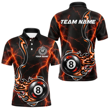 Maxcorners Personalized Orange Thunder Billiard Polo 1/4-Zip Shirt Men Custom 8 Ball Fire Flame Billiard Jersey LM2709