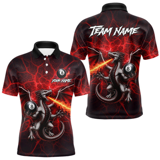 Maxcorners Custom Red Flaming Dragon 8 Ball Billiard Polo Shirts For Men, Dragon Billiard Tournament Team Shirt