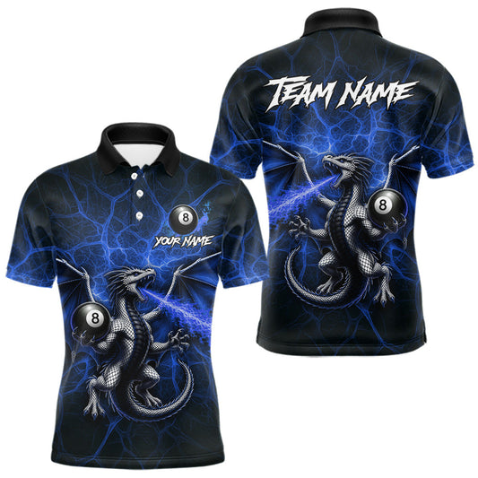 Maxcorners Custom Blue Flaming Dragon 8 Ball Billiard Polo Shirts For Men, Dragon Billiard Tournament Team Shirt