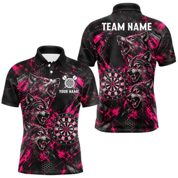 Maxcorners Personalized Pink Splatter Wolf Darts Polo 1/4-Zip Shirt For Men Custom Angry Wolf Darts Team Jersey LM2709