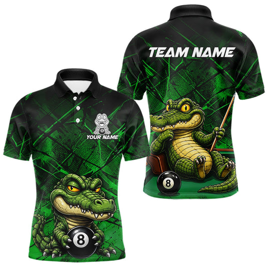 Maxcorners Funny Crocodile 8 Ball Pool Billiard Shirts For Men Custom Green Grunge Billiard Polo & 1/4-Zip Jersey LM2405