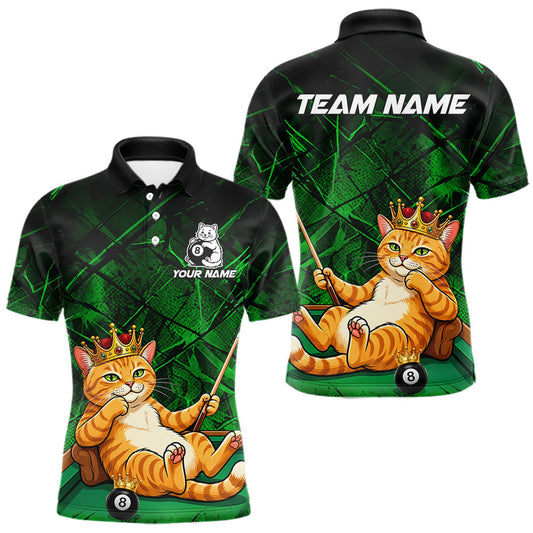 Maxcorners Funny Cat Crown 8 Ball Pool Billiard Shirts For Men Custom Green Grunge Billiard Polo & 1/4-Zip Jersey LM2405