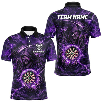 Maxcorners Custom Lightning Grim Reaper Men Darts Polo Quarter-Zip Shirt Purple Thunder Skull Dart Team Jerseys LM0410