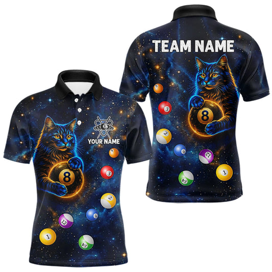 Maxcorners Funny Cat Galaxy Custom 8 Ball Billiard Polo & 1/4-Zip Shirt For Men Blue Billiard Team Jersey LM2704