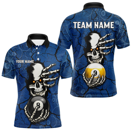 Maxcorners Cracked Blue Skeleton 8 Ball & 9 Ball Billiard Shirt For Men Custom Pool Billiard Polo & 1/4 Zip Jersey LM2704