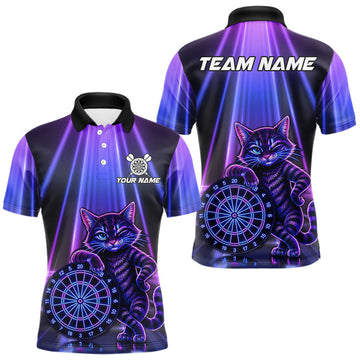 Maxcorners Custom Neon Purple and Blue Funny Cat Dart Shirt for Men, Dart Tournament Team Jersey