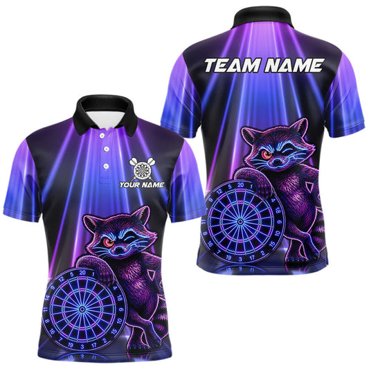 Maxcorners Custom Neon Purple and Blue Funny Raccoon Dart Shirt for Men, Dart Tournament Team Jersey