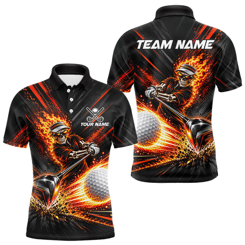 Maxcorners Custom Flaming Skull Golf Polo Shirt For Men Personalized Skeleton Golf Shirt Golf Team Apparel