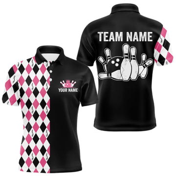Maxcorners Custom Pink Argyle Bowling Polo 1/4-Zip Shirt For Men Argyle Bowling Tournament Team Jersey LM0410