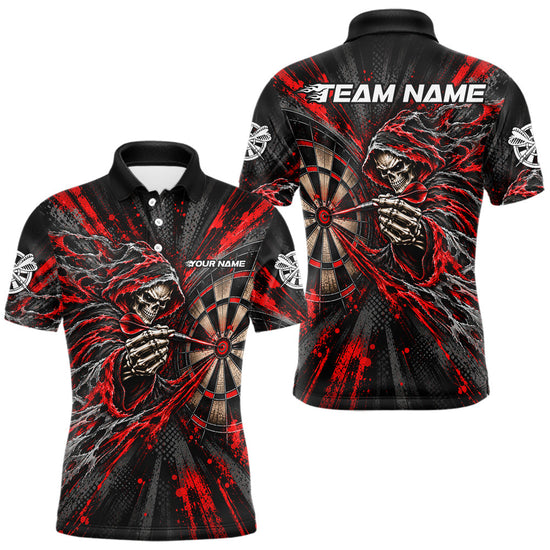 Maxcorners Red Grunge Grim Reaper Men Darts Polo Quarter-Zip Shirt Custom Skeleton Darts Team Shirt Darts Gift