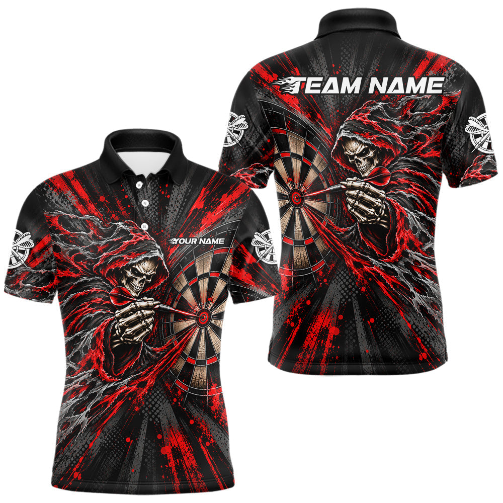 Maxcorners Red Grunge Grim Reaper Men Darts Polo Quarter-Zip Shirt Custom Skeleton Darts Team Shirt Darts Gift