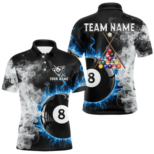 Maxcorners Grey Smokes Billiard Balls Shirts For Men Custom Blue Flames Ball 8 Billiard Team Jerseys LM0101