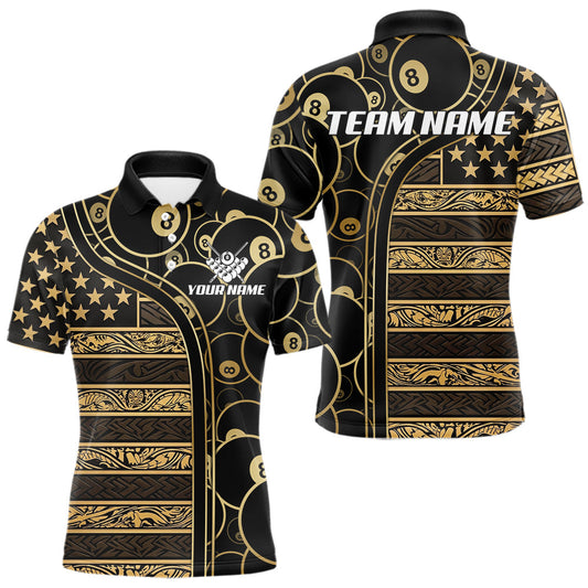 Maxcorners Black & Gold Tribal 8 Ball Pool Shirts Custom Men Billiard Polo & 1/4 Zip Shirt Billiard Team Jerseys