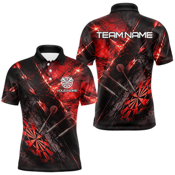 Maxcorners Personalized Black & Red Grunge Dartboard & Arrow Men Darts Polo Shirt Custom Dart Team Jersey