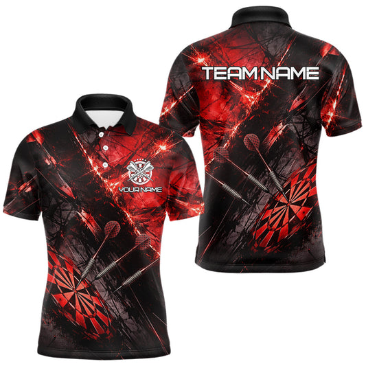 Maxcorners Personalized Black & Red Grunge Dartboard & Arrow Men Darts Polo Shirt Custom Dart Team Jersey