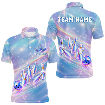 Maxcorners Holographic Bowling Ball & Pins Shirt For Men Custom Rainbow Galaxy Polo Quarter-Zip Bowling Jersey