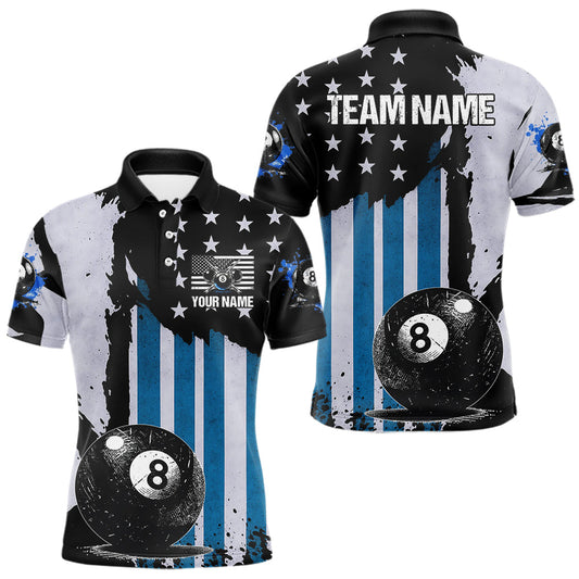Maxcorners Patriotic Grunge Blue 8 Ball Men Billiard Polo & 1/4 Zip Shirt Custom Pool Billiard Jerseys LM0101