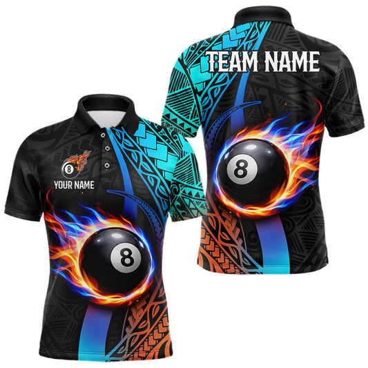 Maxcorners Blue And Red Flaming 8 Ball Billiard Shirt For Men Custom Tribal Pool Polo & 1/4-Zip Team Jersey LM0404