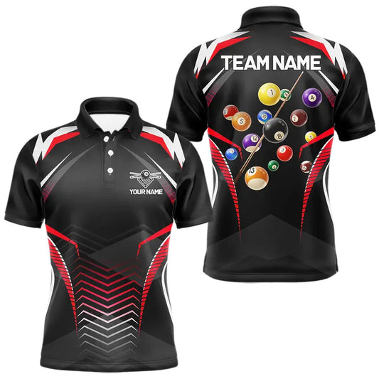 Maxcorners Black & Red Ball Pool Team Shirts Men's Billiard Polo & 1/4-Zip Personalized Billiard Gifts LM1904