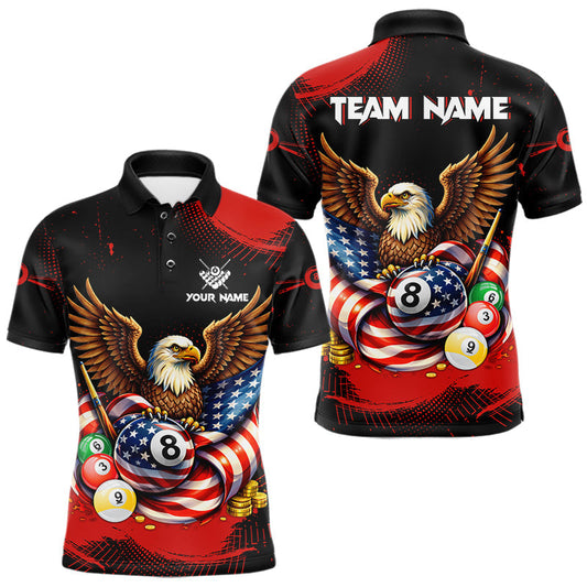 Maxcorners Custom Red Grunge US Flag Eagle Billiard Pool Shirts For Men 8 Ball Patriotic Billiard Team Attire