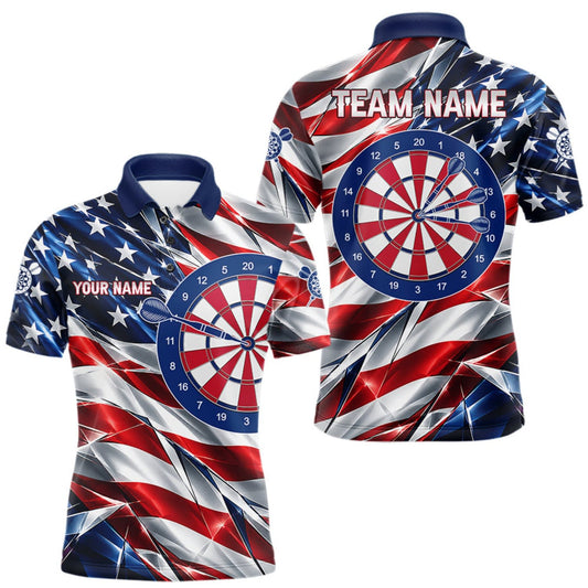 Maxcorners American Flag Broken Glass Darts Polo 1/4-Zip Shirt For Men Custom Patriotic Darts Tournament Team Jersey LM0510