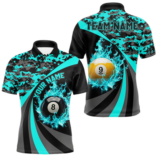 Maxcorners Flame 8 Ball & 9 Ball Billiard Pool Shirt For Men Custom Black And Teal Camo Billiard Team Attire