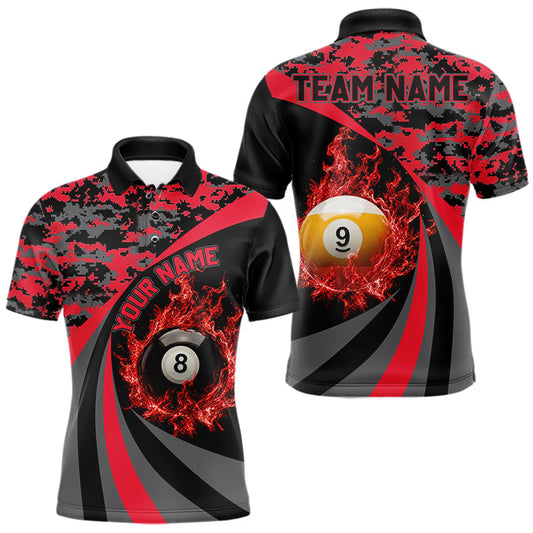 Maxcorners Flame 8 Ball & 9 Ball Billiard Pool Shirt For Men Custom Black And Red Camo Billiard Team Attire
