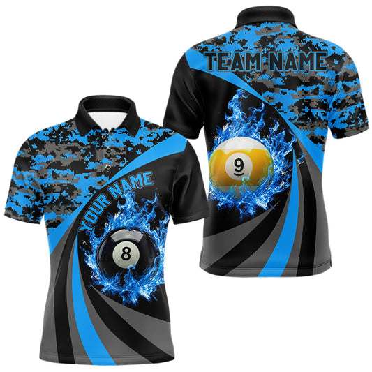 Maxcorners Flame 8 Ball & 9 Ball Billiard Pool Shirt For Men Custom Black And Blue Camo Billiard Team Attire