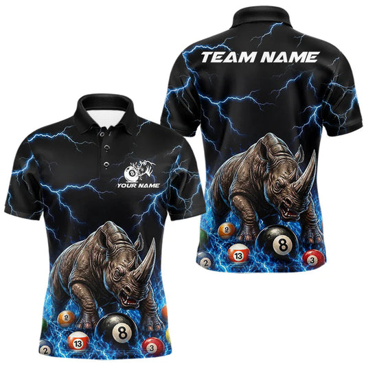 Maxcorners Funny Rhino Billiard 8 Ball Pool Shirt For Men Custom Thunder Lightning Billiard Team Jersey | Blue LM0706