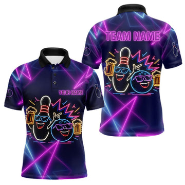 Maxcorners Purple & Blue Neon Light Bowling Ball & Pin Shirts For Men Custom Funny Drunk Bowling Team Jerseys LM0609